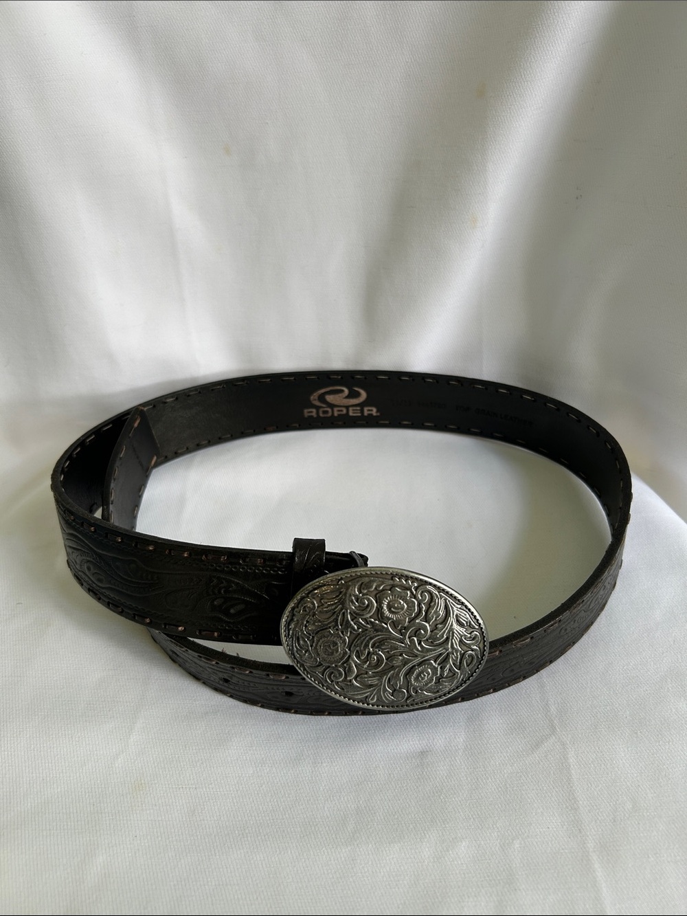 Roper Dark Brown Tooled Leather Belt with Silver Floral Oval Buckle